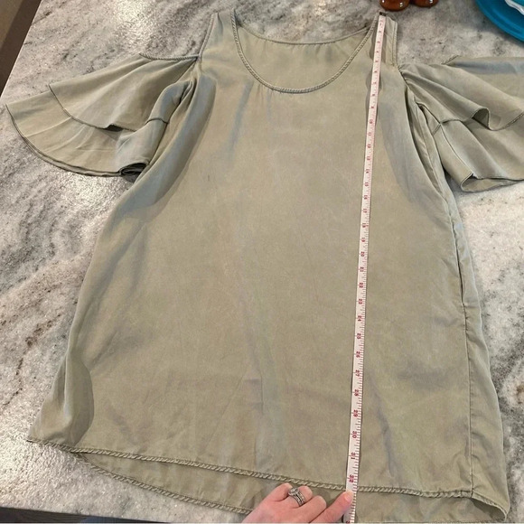 Olive Green Cold Shoulder Tiered Ruffle Sleeves Mini Dress with Pockets - Picture 8 of 8